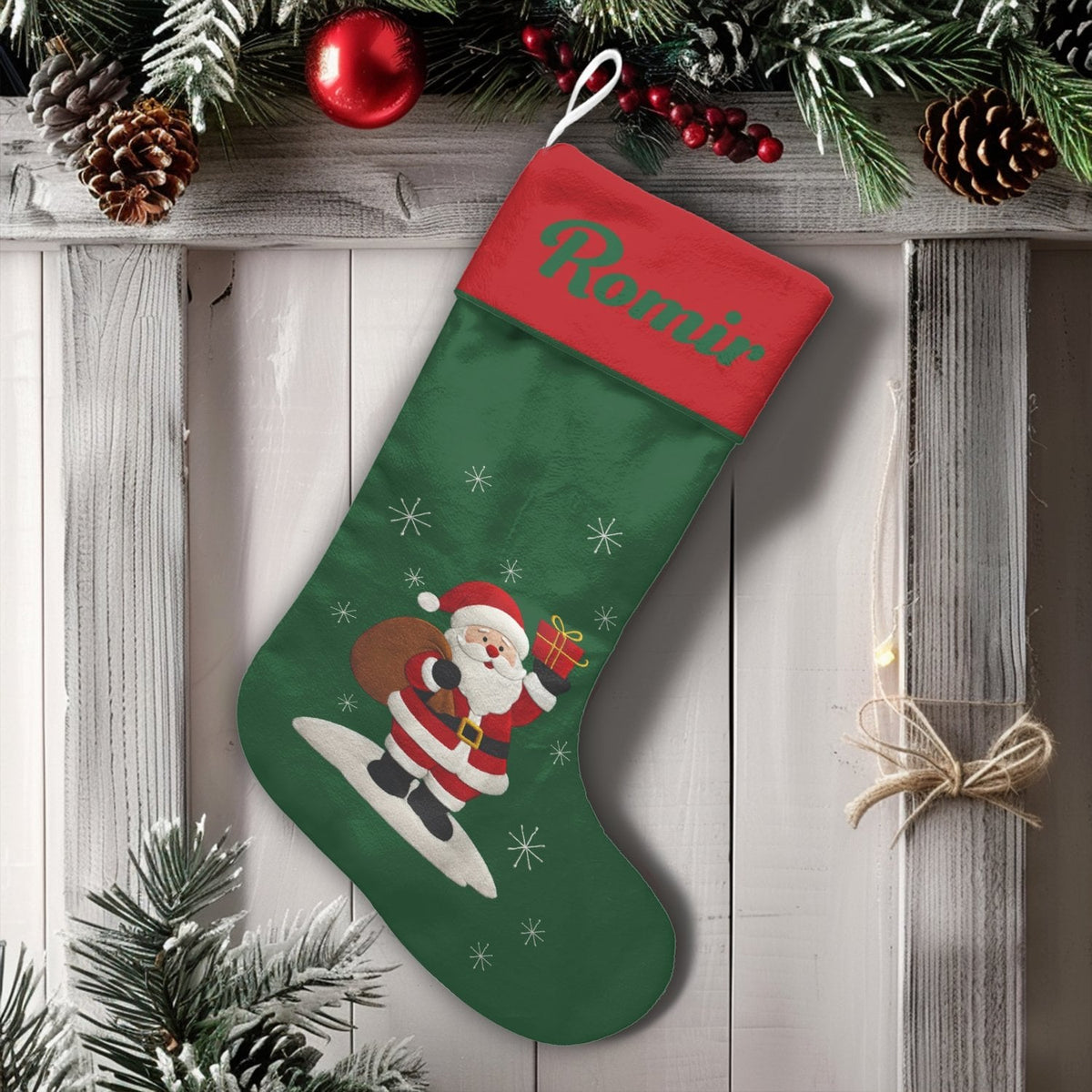 Custom Beach Holiday Stocking, Personalized Surfing Santa Christmas Stocking, Tropical Santa Christmas Stocking, Family Mante