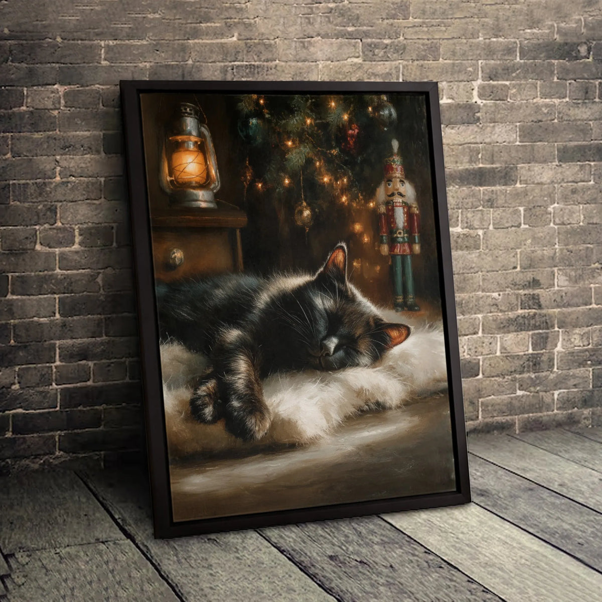 Christmas Tree Nutcracker Canvas Print, Sleeping Black Cat Canvas Wall Art, Holiday Cat Canvas Decor, Comfy Winter Wall Art, 