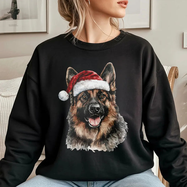 Santa Hat Dog Holiday Sweater, German Shepherd Christmas Sweatshirt, Watercolor Dog Portrait Crewneck, Dog Lover Xmas Pullove