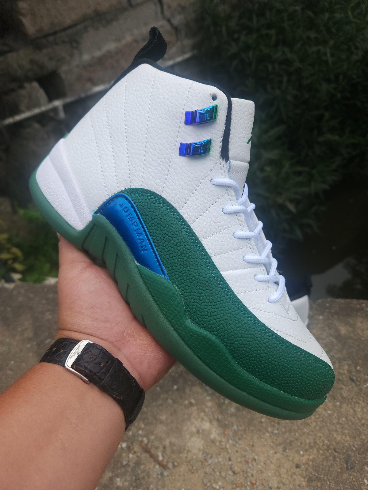 High Top Sneakers, White Green Colorway, Lace Up Design, Casual Gift for Sneaker Fans