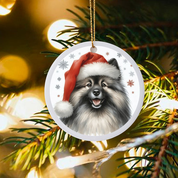 Santa Hat Keeshond Christmas Ornament, Keeshond Dog Ceramic Ornament, Adorable Dog Lover Holiday Decor, Festive Puppy Keepsak