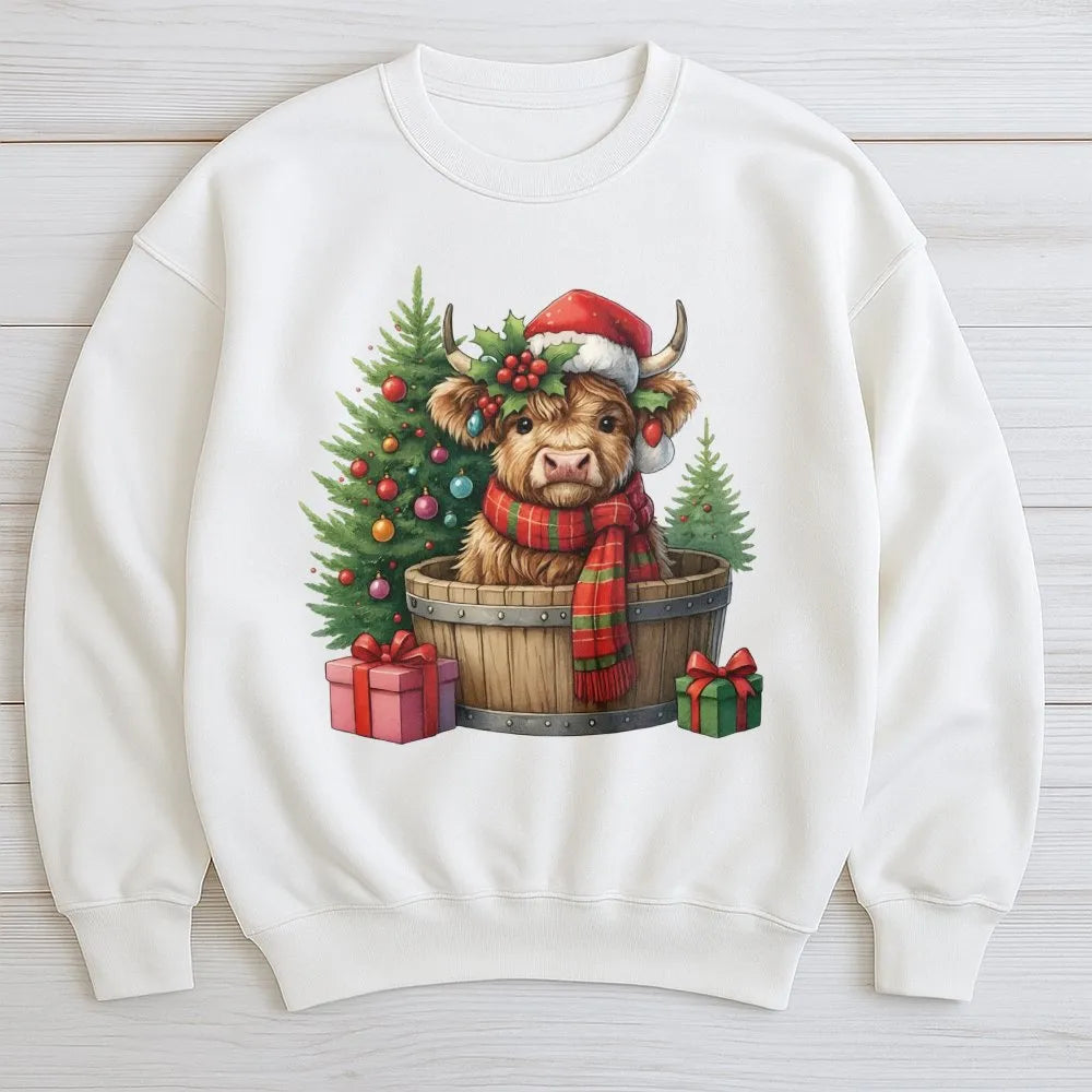 Santa Hat Cow Sweatshirt, Christmas Highland Cow Sweatshirt, Adorable Xmas Cow Crewneck, Festive Holiday Animal Sweater, Wint
