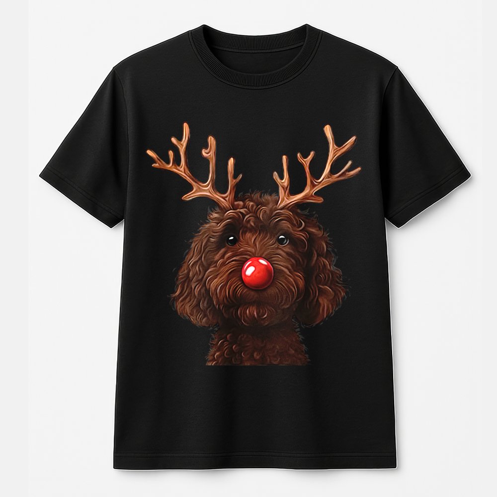 Humorous Holiday Dog Shirt, Chocolate Doodle Reindeer T-Shirt, Labradoodle Christmas Tee, Adorable Pet Lover Graphic T-Shirt,