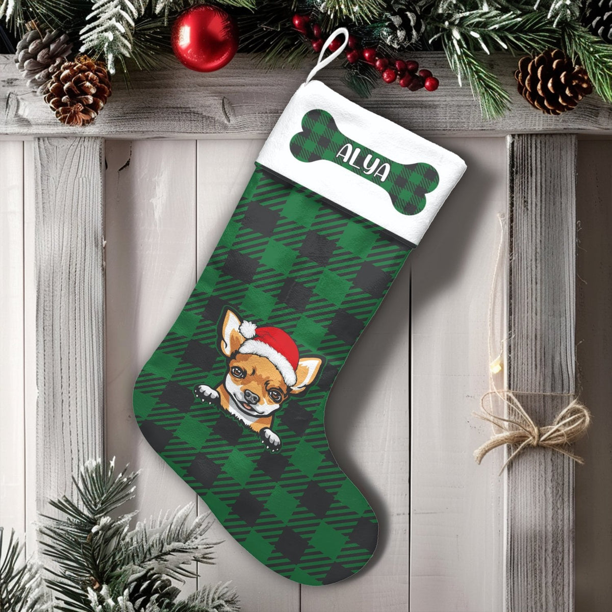 Personalized Dog Christmas Stocking, Chihuahua Christmas Stocking, Green Buffalo Plaid Pet Stocking, Custom Puppy Holiday Dec