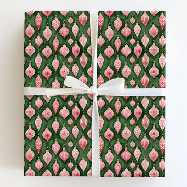 Retro Bauble Christmas Wrapping Paper, Pink Vintage Ornaments Wrapping Paper, Dark Green Holiday Gift Wrap, Watercolor Xmas P