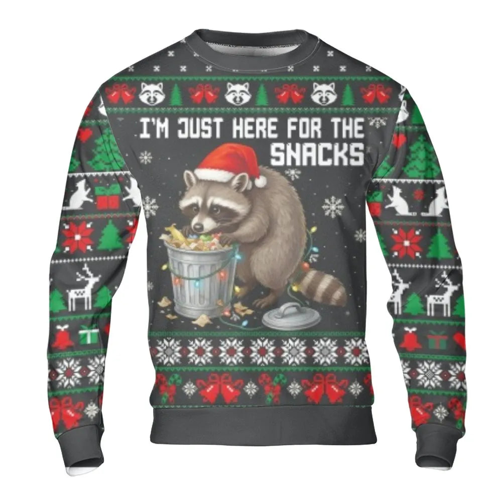 Here for the Snacks Holiday Sweater, Raccoon Christmas Sweatshirt, Humorous Animal Ugly Xmas Crewneck, Adorable Wildlife Pull