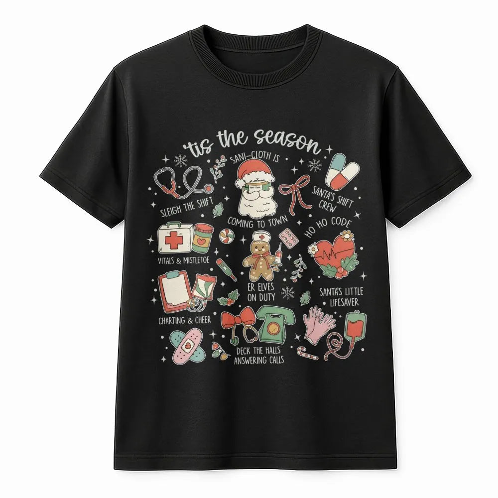 Medical Holiday Icons Graphic Tee, Nurse Christmas T-Shirt, Adorable Healthcare Worker Shirt, RN Christmas Tree Tee, Hospital