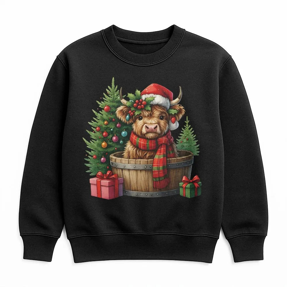 Santa Hat Cow Sweatshirt, Christmas Highland Cow Sweatshirt, Adorable Xmas Cow Crewneck, Festive Holiday Animal Sweater, Wint
