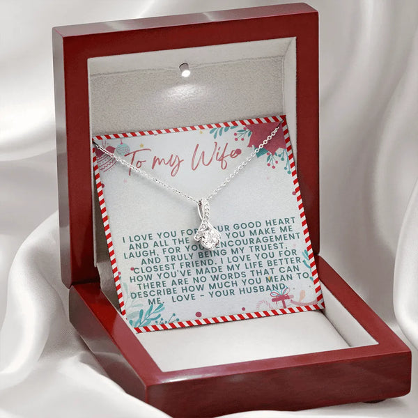 CZ Ribbon Pendant Necklace, To My Wife Ribbon Necklace, 14k White Gold Over Stainless Steel Jewelry, Romantic Christmas Anniv