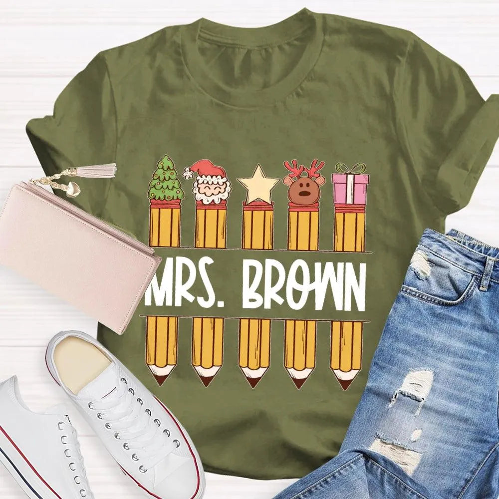 Custom Name Holiday Graphic Tee, Personalized Christmas Pencil Shirt, Adorable Teacher Christmas T-Shirt, Back to School Xmas