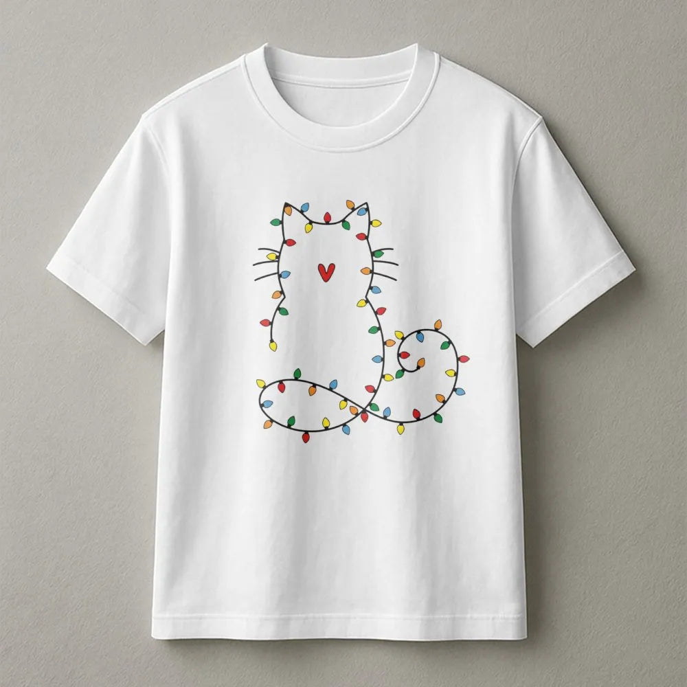 Adorable Kitty Holiday Shirt, Fairy Lights Cat Christmas T-Shirt, Minimalist Cat Graphic Tee, Comfy Xmas Cat Lover Apparel, C