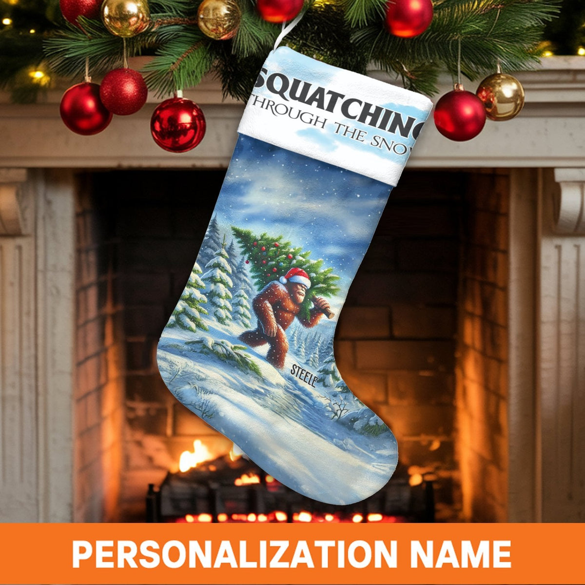 Bigfoot Holiday Stocking, Squatching Through the Snow Christmas Stocking, Personalized Christmas Stocking, Sasquatch Fireplac