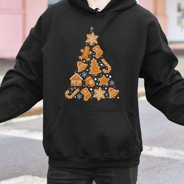 Holiday Baking Graphic Hooded Sweatshirt, Gingerbread Cookie Christmas Tree Hoodie, Adorable Xmas Baker Pullover, Comfy Winte