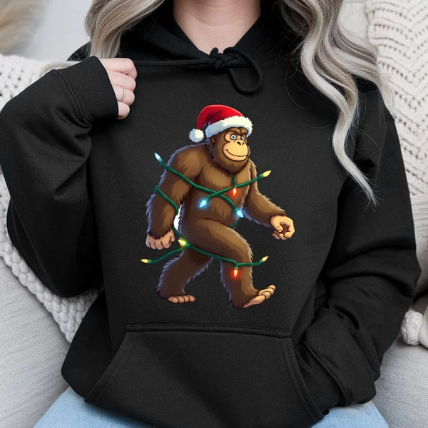 Humorous Sasquatch Sweatshirt, Bigfoot Christmas Lights Hoodie, Retro Xmas Bigfoot Hoodie, Santa Hat Graphic Hooded Sweater, 