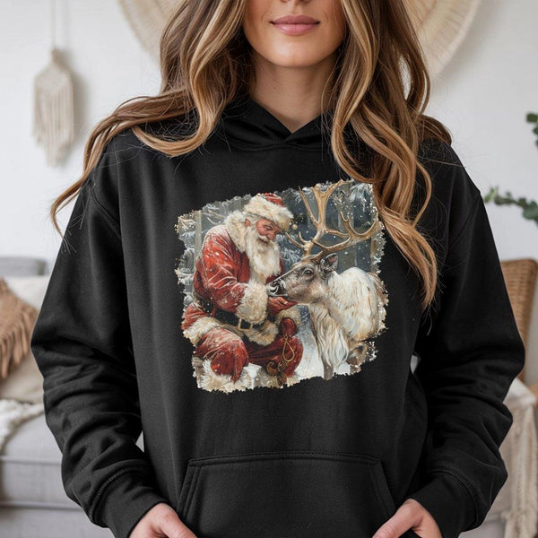 Comfy Christmas Graphic Hoodie, Vintage Santa and Reindeer Hoodie, Retro Holiday Winter Hoodie, Adorable Xmas Pullover Sweats