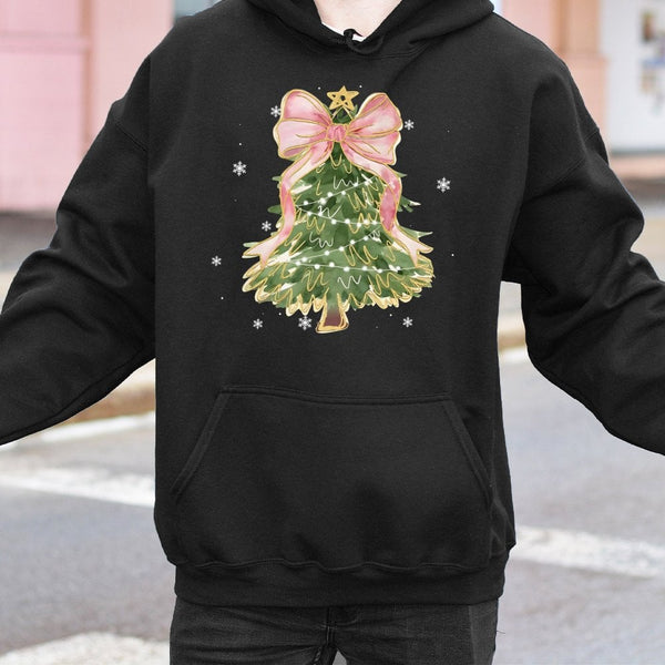 Coquette Bow Holiday Pullover, Watercolor Christmas Tree Hoodie, Aesthetic Winter Season Sweatshirt, Adorable Xmas Tree Hoodi