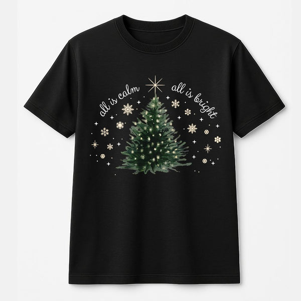Minimalist Christian Holiday Tee, All Is Calm All Is Bright Christmas Tree T-Shirt, Silent Night Bible Verse Shirt, Winter Xm