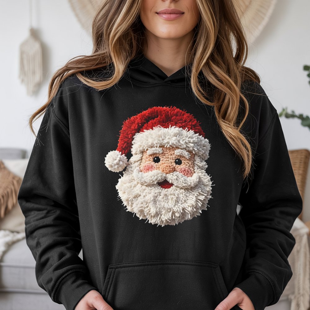 Faux Yarn Crochet Christmas Hoodie, Punch Needle Santa Hoodie, Vintage Santa Claus Hooded Sweatshirt, Comfy Holiday Pullover 