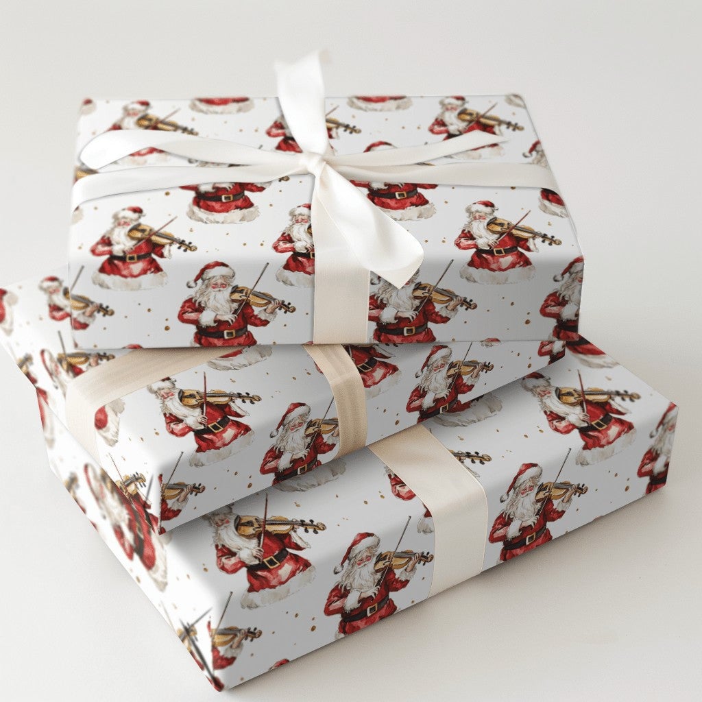 Watercolor Christmas Wrapping Paper Roll, Musical Santa Violinist Wrapping Paper, Classical Music Gift Wrap, Holiday Santa Wr