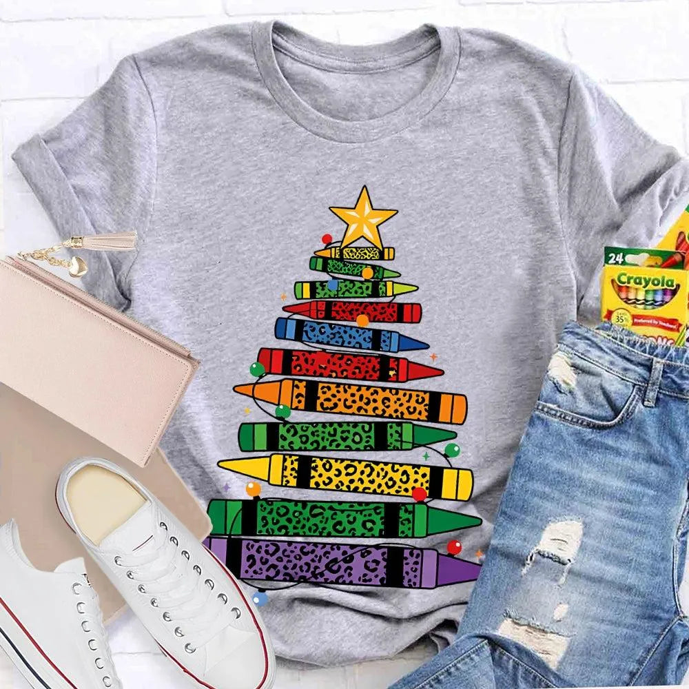 Art Teacher T-Shirt, Colored Pencils Leopard Christmas Tree Shirt, Holiday Graphic Tee, Festive Art Teacher Shirt, Christmas 
