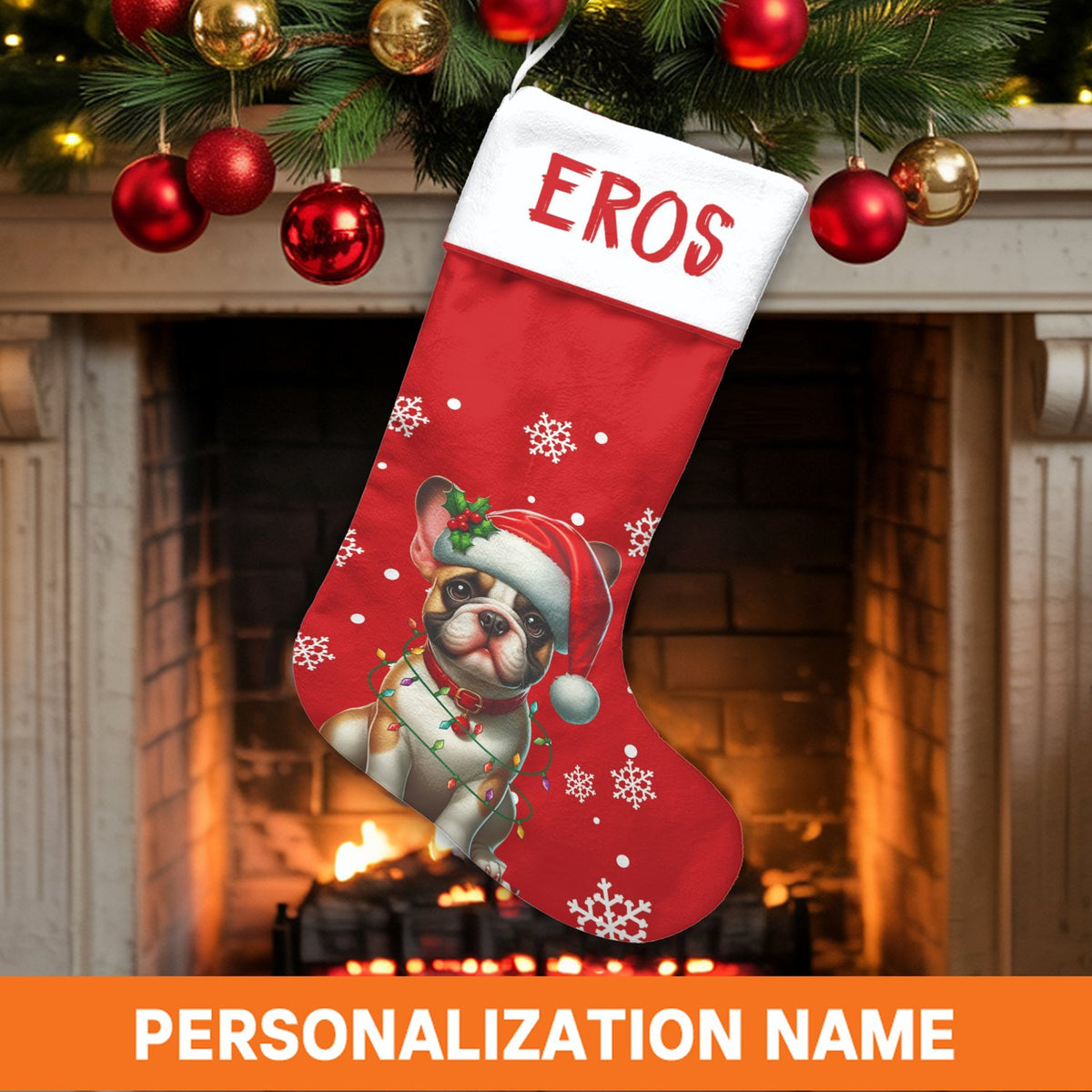 Santa Hat Frenchie Holiday Decor, Personalized French Bulldog Christmas Stocking, Velboa Fabric Stocking, Custom Dog Lover Pe