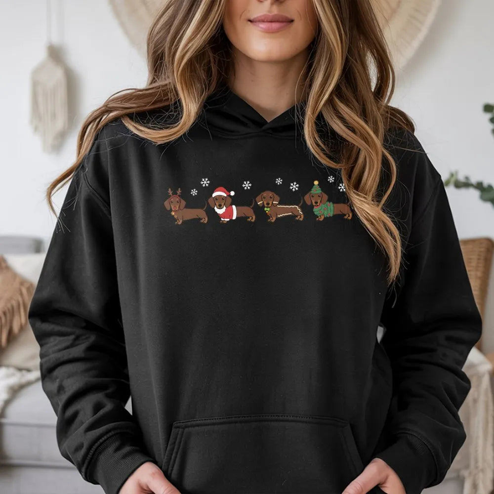 Festive Wiener Dog Hoodie, Christmas Dachshund Hoodie, Adorable Dachshund Christmas Sweatshirt, Dog Lover Holiday Pullover, X