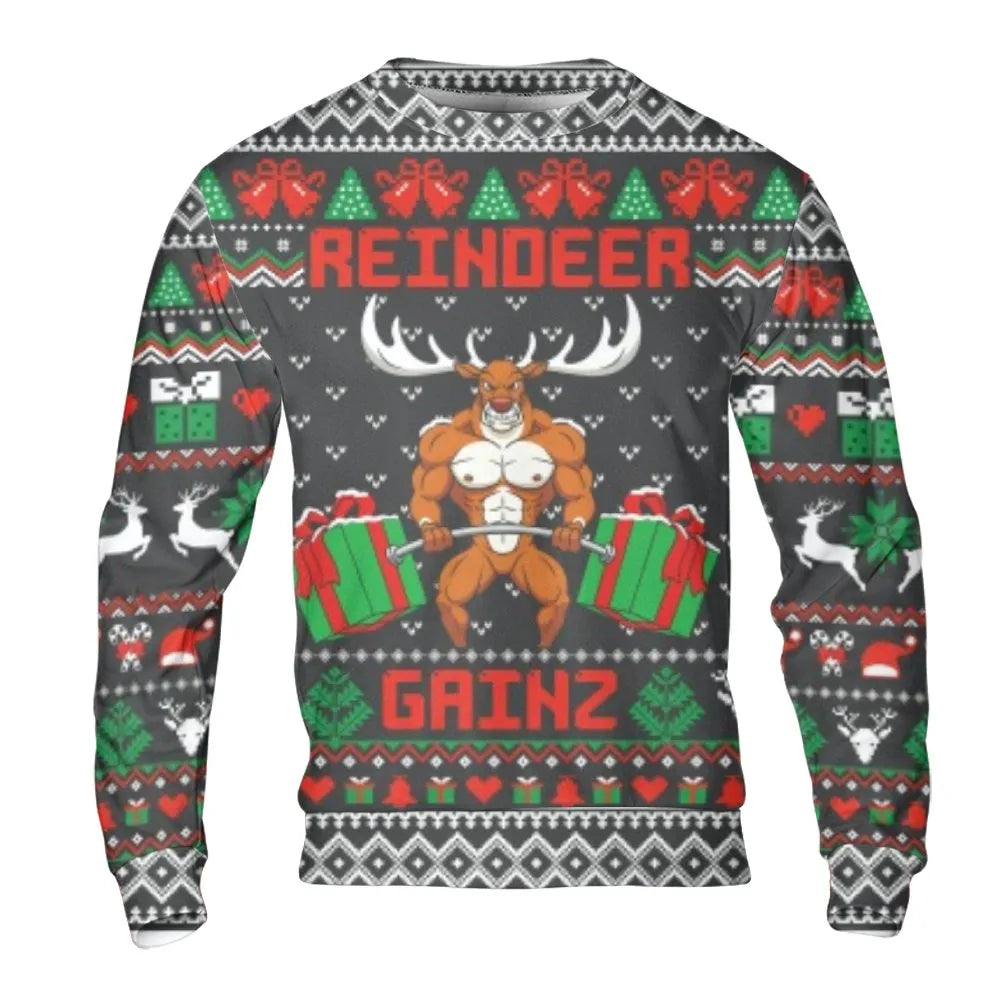 Weightlifting Ugly Sweater, Buff Reindeer Christmas Sweatshirt, Humorous Fitness Holiday Sweatshirt, Bodybuilder Xmas Pullove