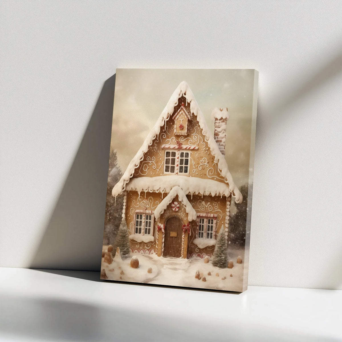 Whimsical Snowy Winter Landscape Canvas, Gingerbread House Christmas Canvas Wall Art, Festive Holiday Canvas Print, Comfy Xma