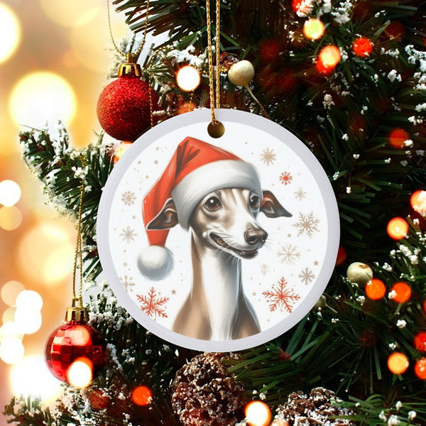 Santa Hat Iggy Dog Tree Decor, Italian Greyhound Christmas Ornament, Ceramic Puppy Keepsake, Pet Lover Holiday Tree Decoratio