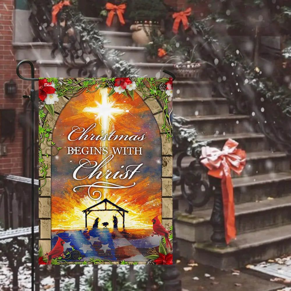 Holy Family Nativity Scene Yard Flag, Christmas Begins with Christ Garden Flag, Double-Sided Christian Christmas Lawn Flag, X