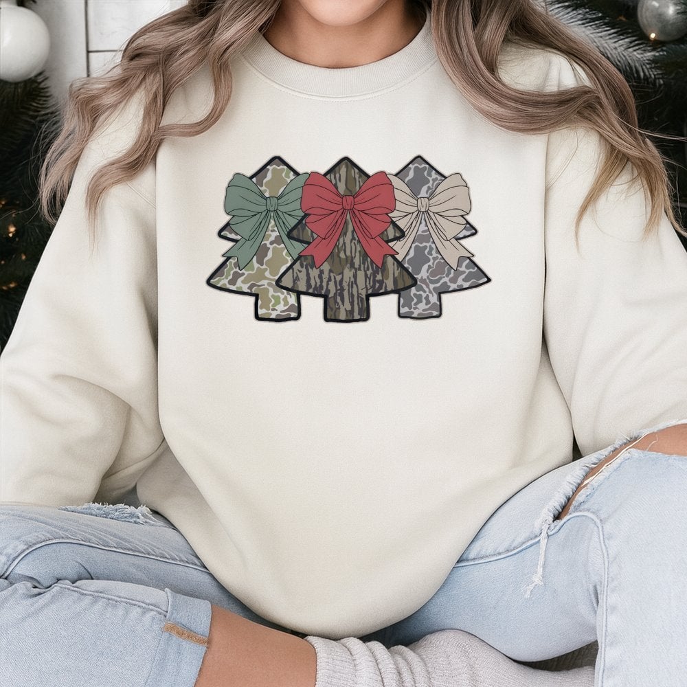 Coquette Bow Holiday Crewneck, Camo Christmas Tree Sweatshirt, Festive Hunting Plaid Pullover, Adorable Preppy Xmas Sweater, 