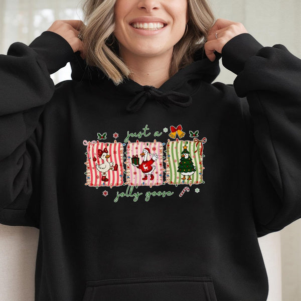 Festive Goose Holiday Hooded Sweatshirt, Just a Jolly Goose Christmas Hoodie, Adorable Bird Winter Hoodie, Humorous Animal Lo
