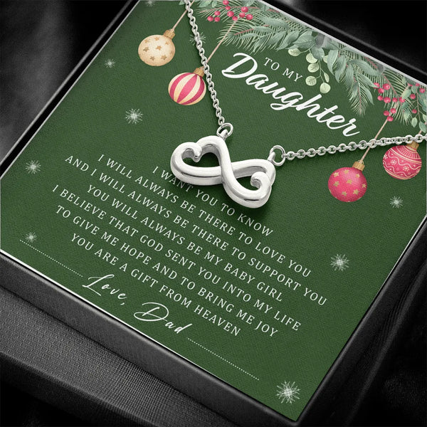 14k White Gold Finish Pendant Necklace, To My Daughter Christmas Infinity Heart Necklace, Holiday Card Keepsake Jewelry