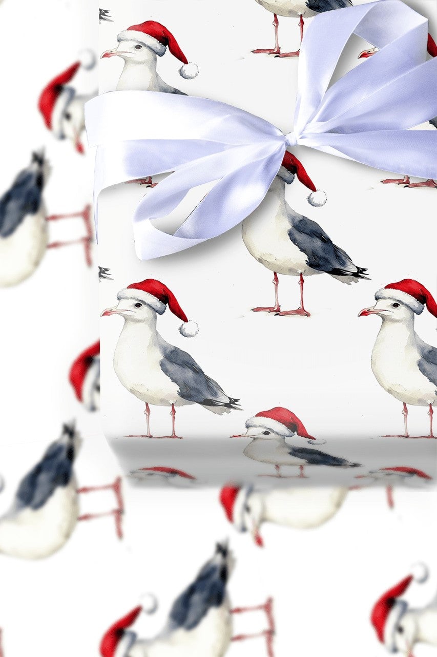 Coastal Christmas Gift Wrap, Santa Hat Seagull Wrapping Paper, Watercolor Beach Bird Present Paper, Nautical Holiday Gift Wra