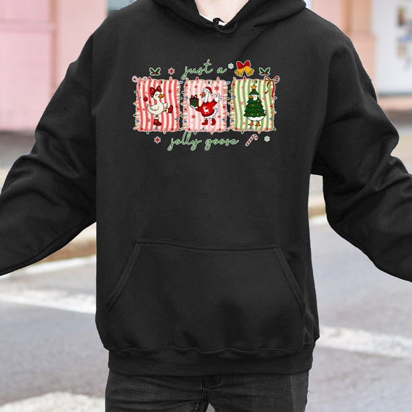 Festive Goose Holiday Hooded Sweatshirt, Just a Jolly Goose Christmas Hoodie, Adorable Bird Winter Hoodie, Humorous Animal Lo
