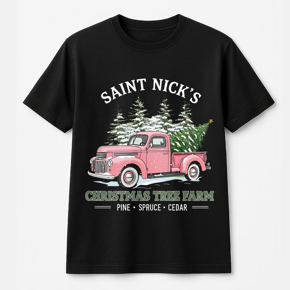 Pink Vintage Truck T-Shirt, Saint Nick's Christmas Tree Farm T-Shirt, Retro Holiday Farm Graphic T-Shirt, Adorable Xmas Tree 