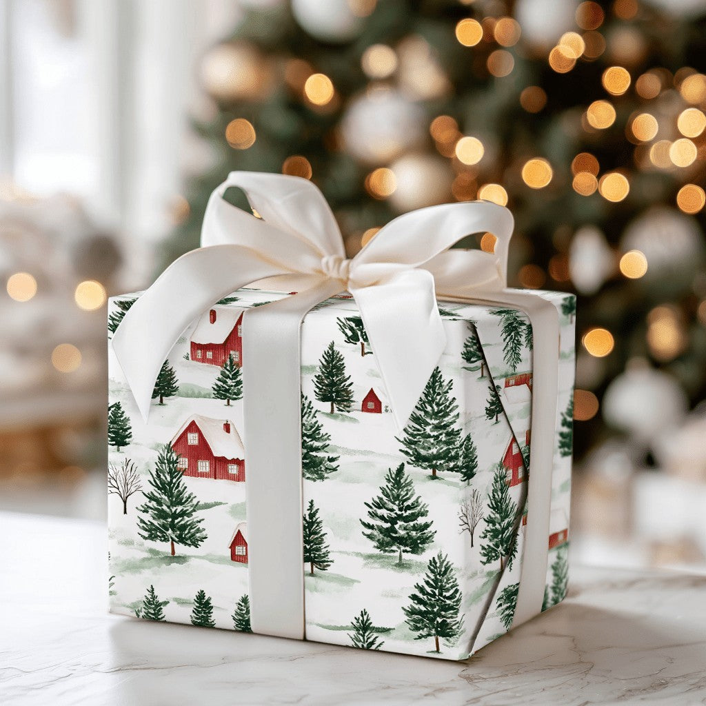 Pine Tree Christmas Gift Wrap, Watercolor Snowy Village Wrapping Paper, Winter Village Holiday Wrapping Paper, Rustic Xmas Gi
