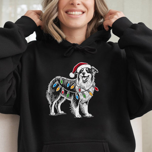 Santa Hat Aussie Dog Hoodie, Australian Shepherd Christmas Hoodie, Adorable Dog Lover Holiday Hoodie, Winter Animal Hooded Sw