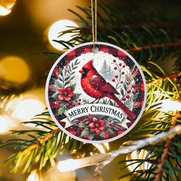 Bird Lover Ceramic Ornament, Red Cardinal Buffalo Plaid Christmas Ornament, Winter Wildlife Keepsake Ornament, Holiday Tree D