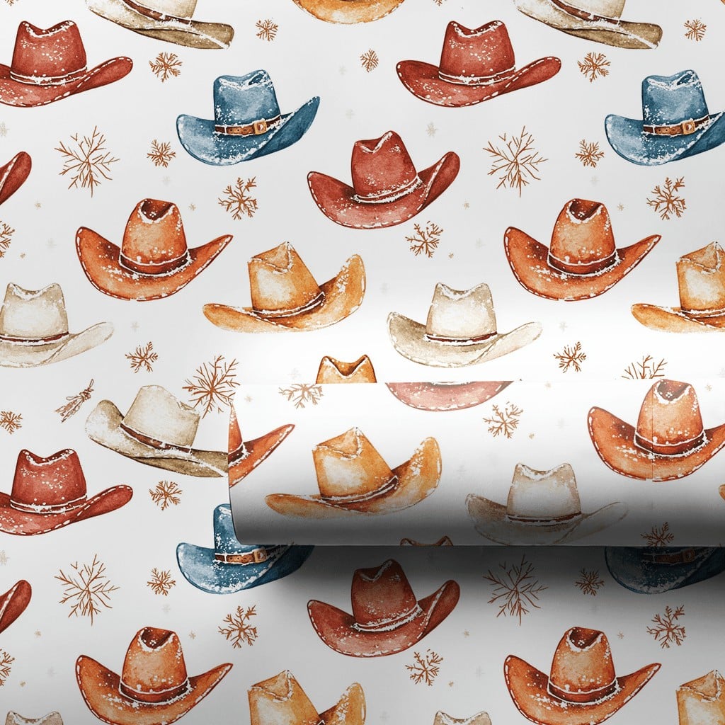 Western Holiday Gift Wrap, Watercolor Cowboy Hat Wrapping Paper, Rustic Country Christmas Present Wrap, Snowflake Festive Pre