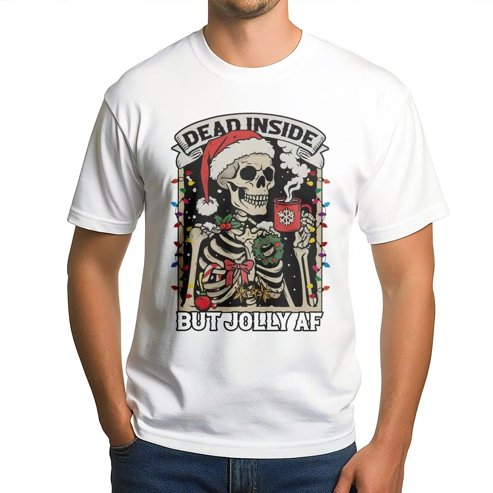 Humorous Skeleton Christmas Shirt, Dead Inside but Jolly AF T-Shirt, Sarcastic Holiday Graphic Tee, Coffee Lover Xmas Tee, Ho
