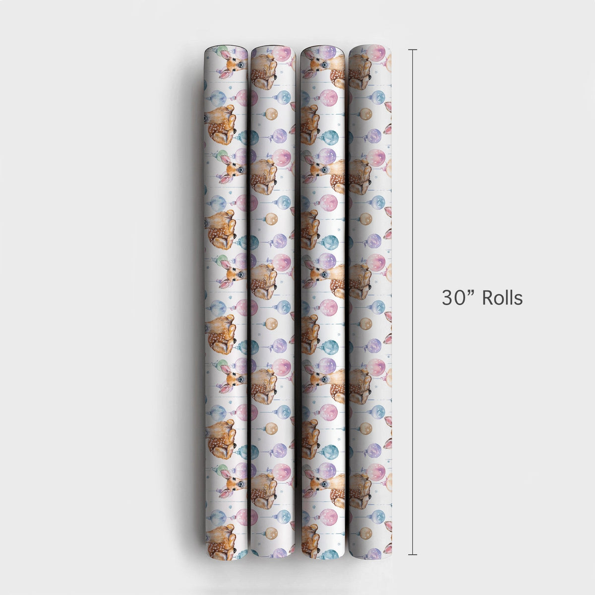 Baby Deer Christmas Gift Wrap, Watercolor Fawn Wrapping Paper, Pastel Baubles Holiday Present Paper, Whimsical Winter Wrap Ro