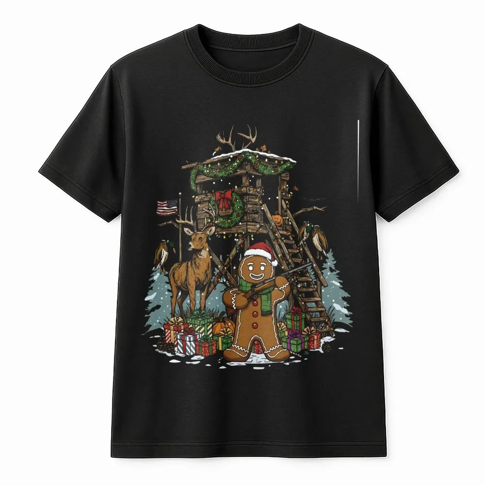 Humorous Christmas Deer Hunter Shirt, Gingerbread Man Hunting T-Shirt, Holiday Buck Hunting Tee, Winter Outdoors Graphic Shir