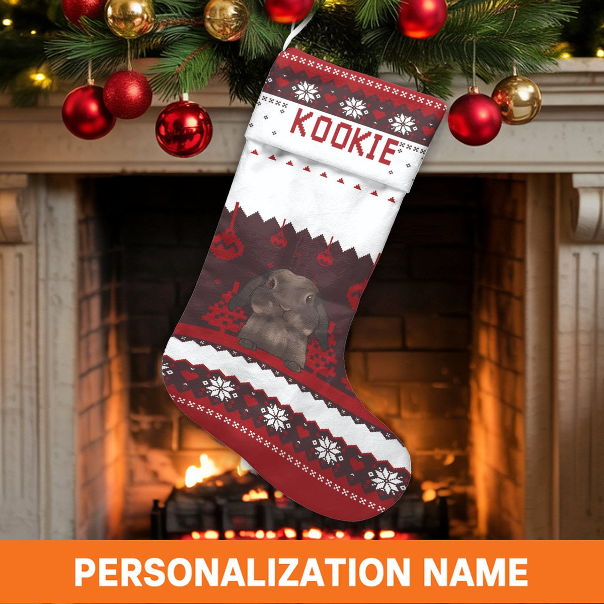 Custom Bunny Christmas Stocking, Personalized Lop-Eared Rabbit Christmas Stocking, Adorable Pet Holiday Stocking, Animal Love
