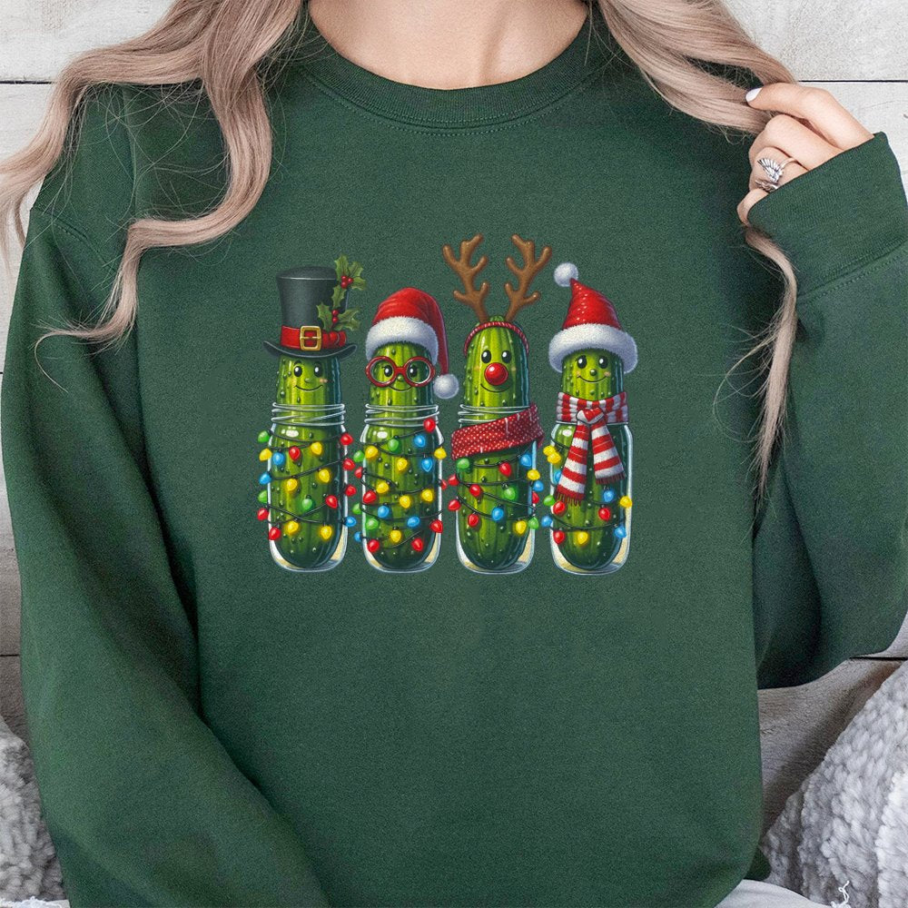 Holiday Pickle Jar Fairy Lights Sweater, Christmas Pickle Sweatshirt, Humorous Pickle Christmas Crewneck, Festive Food Lover 
