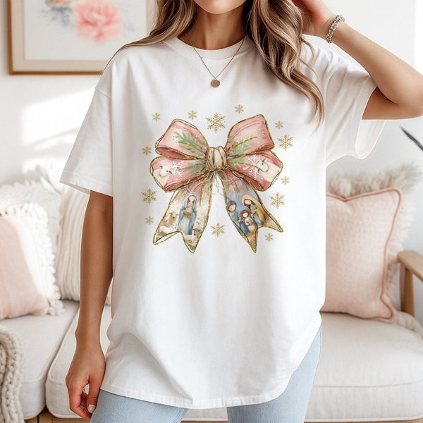 Christian Christmas Graphic Tee, Nativity Scene Coquette Bow T-Shirt, Religious Faith Holy Family Shirt, Holiday Jesus Nativi