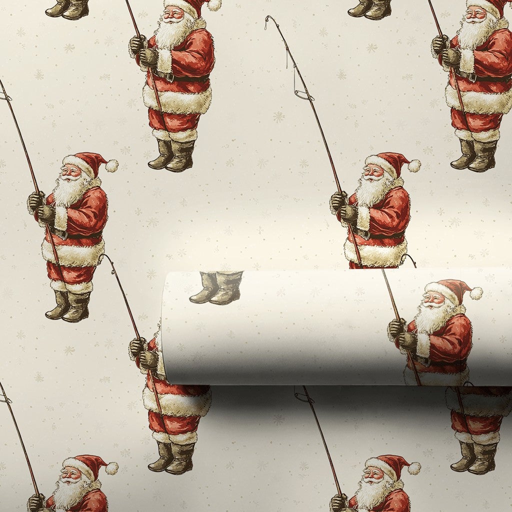 Vintage Angler Christmas Gift Wrap, Fishing Santa Claus Wrapping Paper, Fisherman Holiday Wrapping Paper, Outdoor Sportsman P