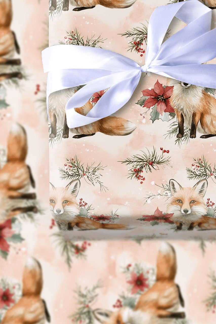 Watercolor Poinsettia Gift Wrap, Winter Fox Wrapping Paper, Woodland Red Fox Wrapping Paper, Christmas Holiday Floral Gift Wr