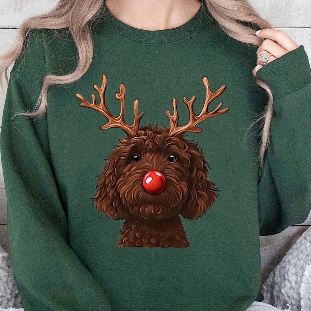 Humorous Christmas Dog Crewneck, Chocolate Doodle Reindeer Sweatshirt, Goldendoodle Holiday Pullover, Pet Lover Xmas Sweater,