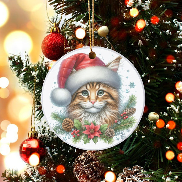 Santa Hat Kitten with Poinsettia Ornament, Cat Christmas Ornament, Adorable Pet Lover Tree Ornament, Ceramic Holiday Keepsake